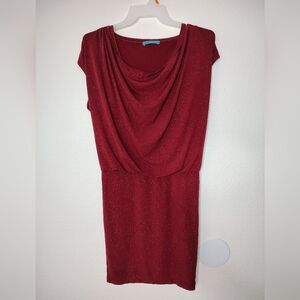 Alice + Olivia sparkly red Draped Torso bodycon dress Sz L Cowl Neck Cap Sleeves